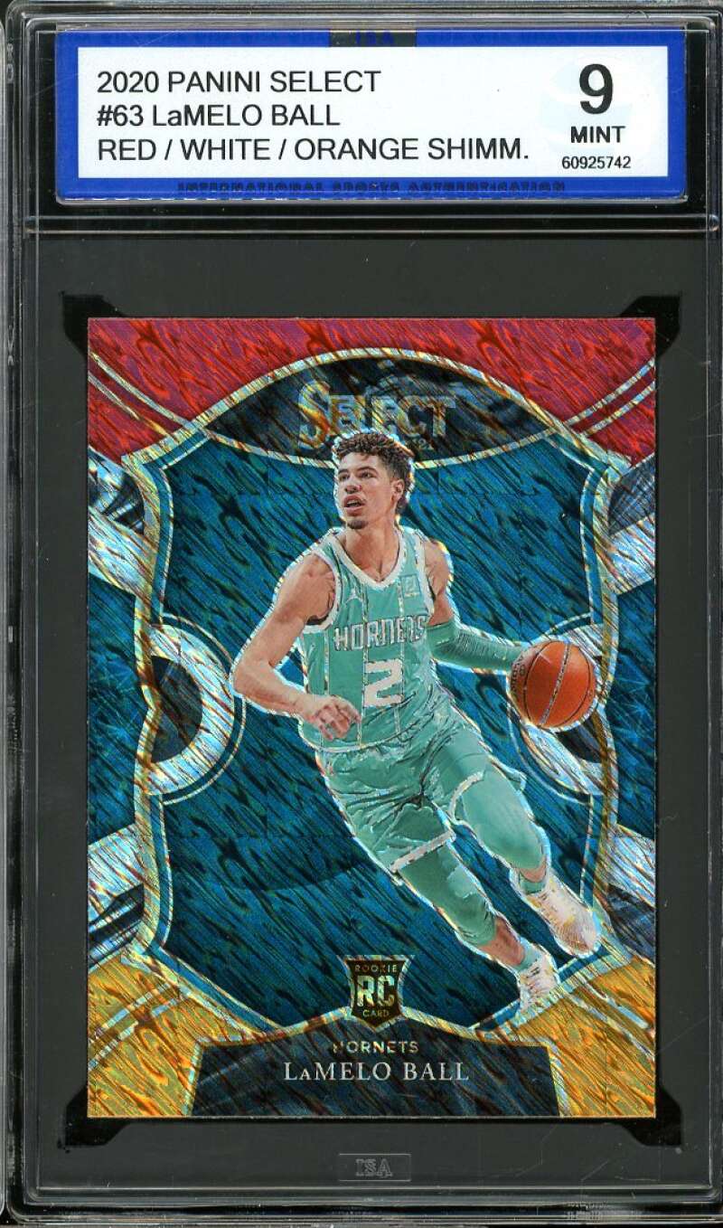 LaMelo Ball Rookie 2020-21 Panini Select Red/White/Orange Shimmer #63 ISA 9 MINT Image 1