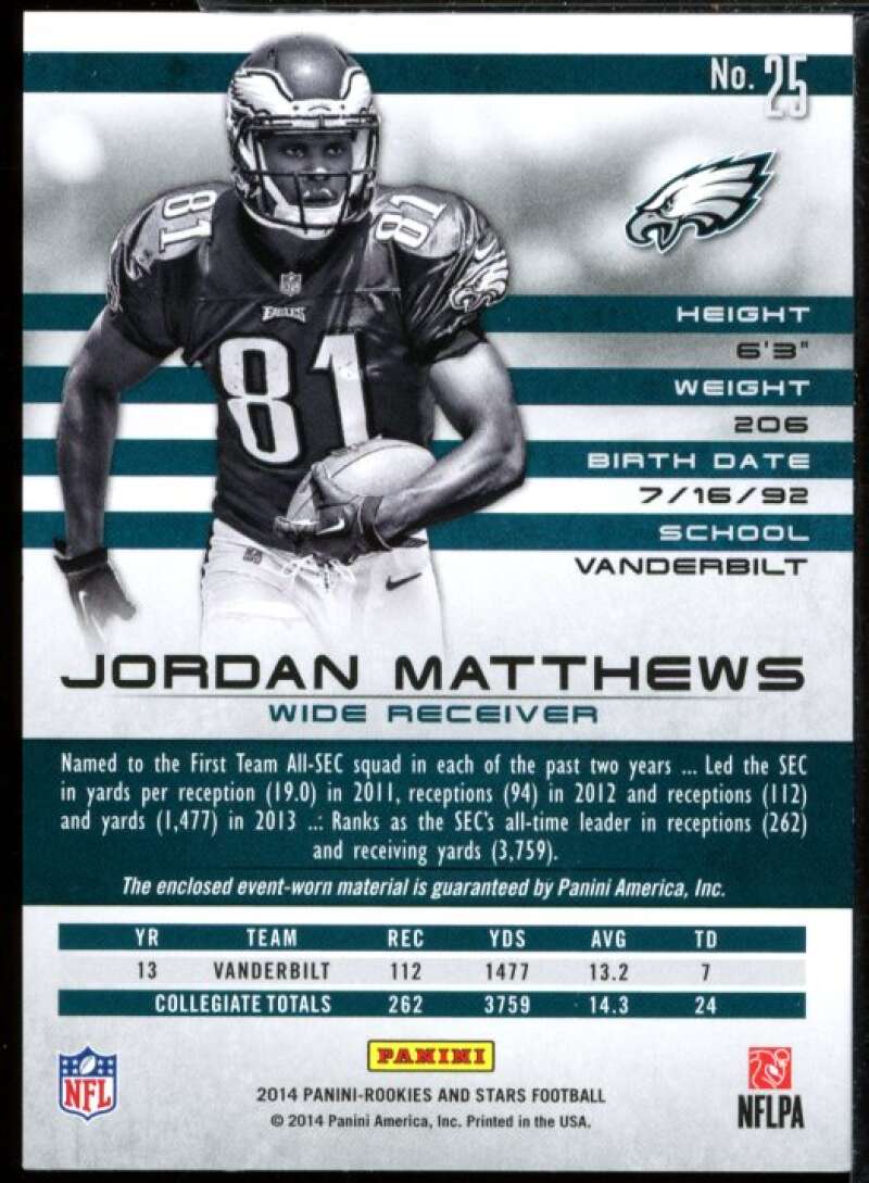 Jordan Matthews Card 2014 Rookies and Stars Longevity Prime Rookie Jersey #25  Image 2