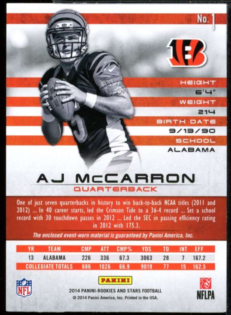 AJ McCarron Card 2014 Rookies and Stars Prime Rookie Jersey Materials #1  Image 2