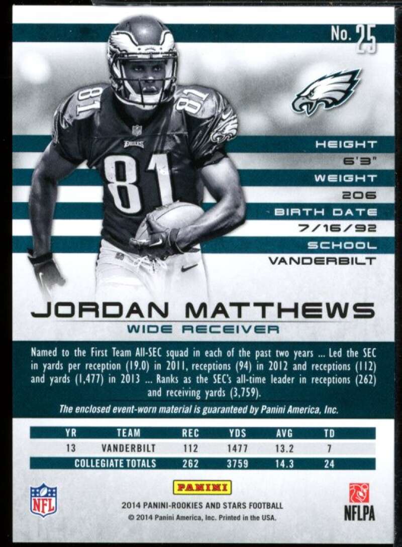 Jordan Matthews Card 2014 Rookies and Stars Materials Jersey #25  Image 2