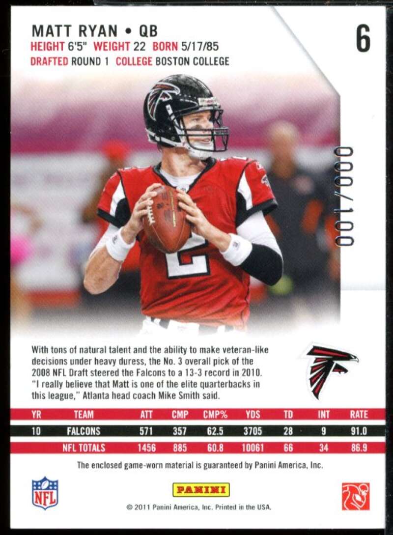 Matt Ryan Card 2011 Rookies and Stars Longevity Materials Sapphire Jersey #6  Image 2