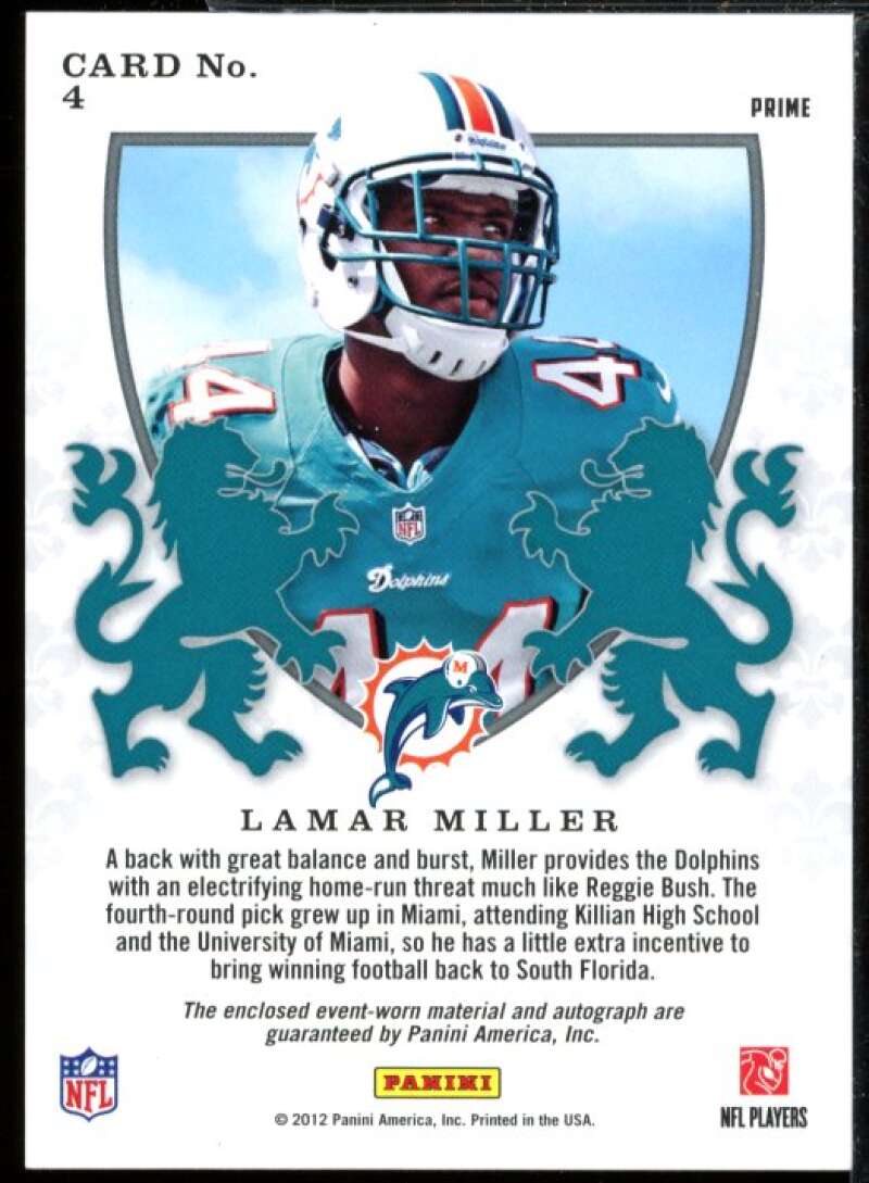 Lamar Miller Card 2012 Rookies and Stars Rookie Crusade Prime Jersey #4  Image 2