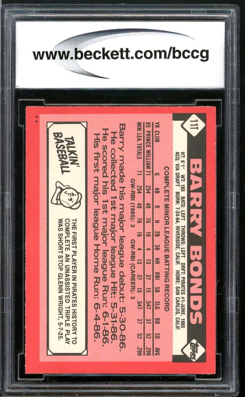 1986 Topps Traded #11T Barry Bonds Rookie Card BGS BCCG 9 Near Mint+ Image 2