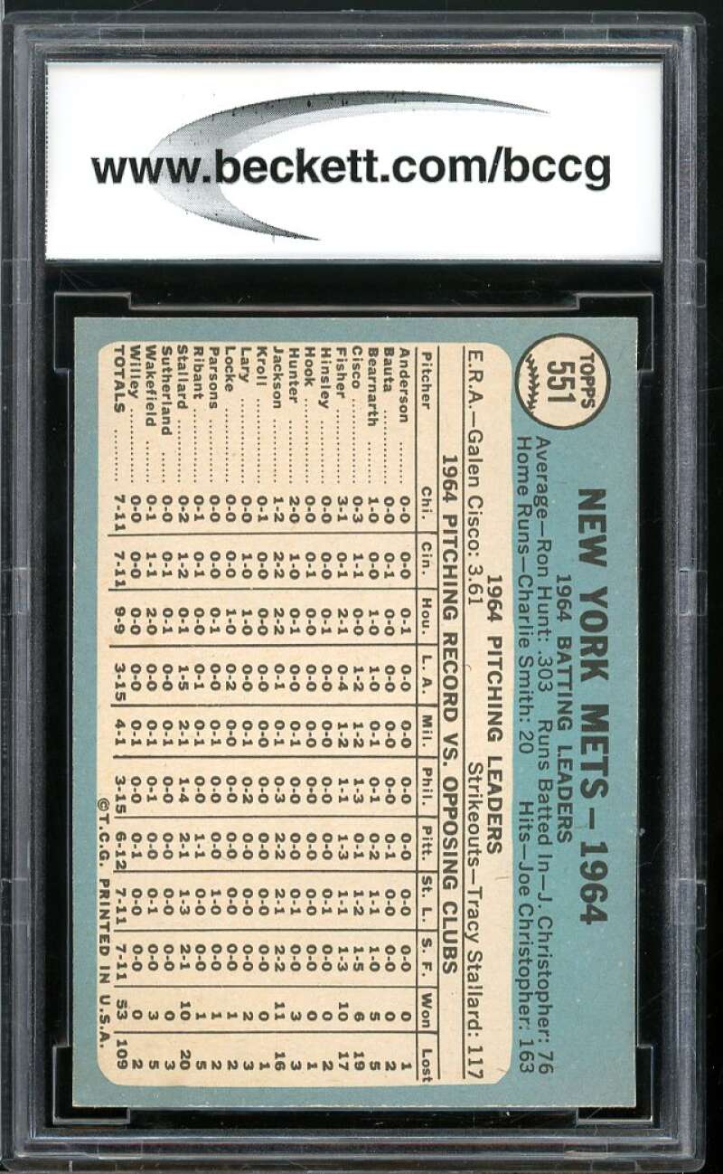 1965 Topps #551 New York Mets Team Card BGS BCCG 9 Near Mint+ Image 2
