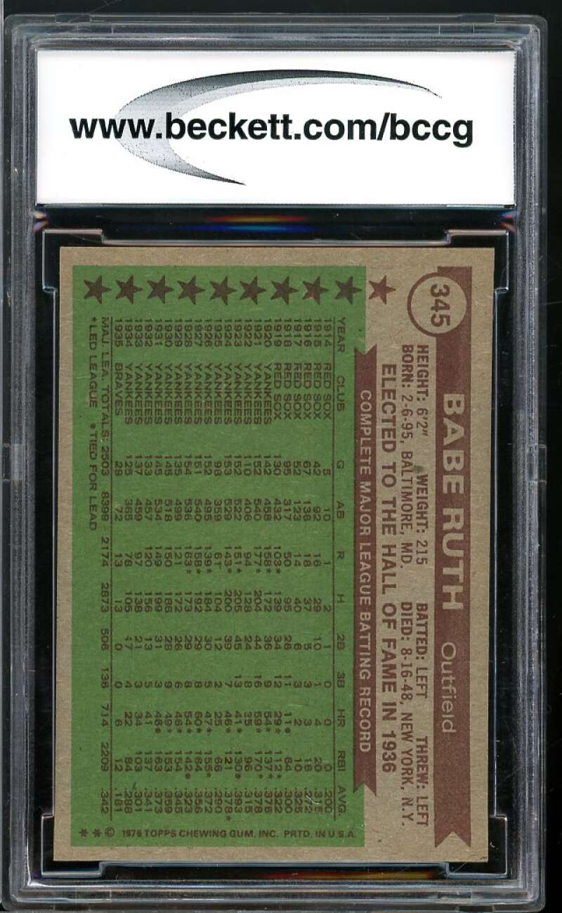 1976 Topps #345 Babe Ruth Card BGS BCCG 9 Near Mint+ Image 2
