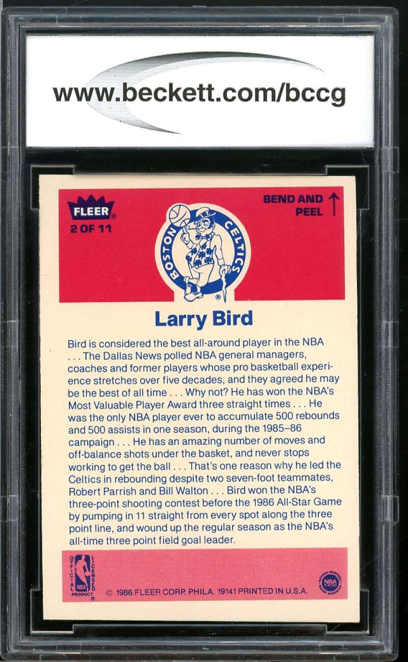 1986-87 Fleer Stickers #2 Larry Bird Card BGS BCCG 9 Near Mint+ Image 2