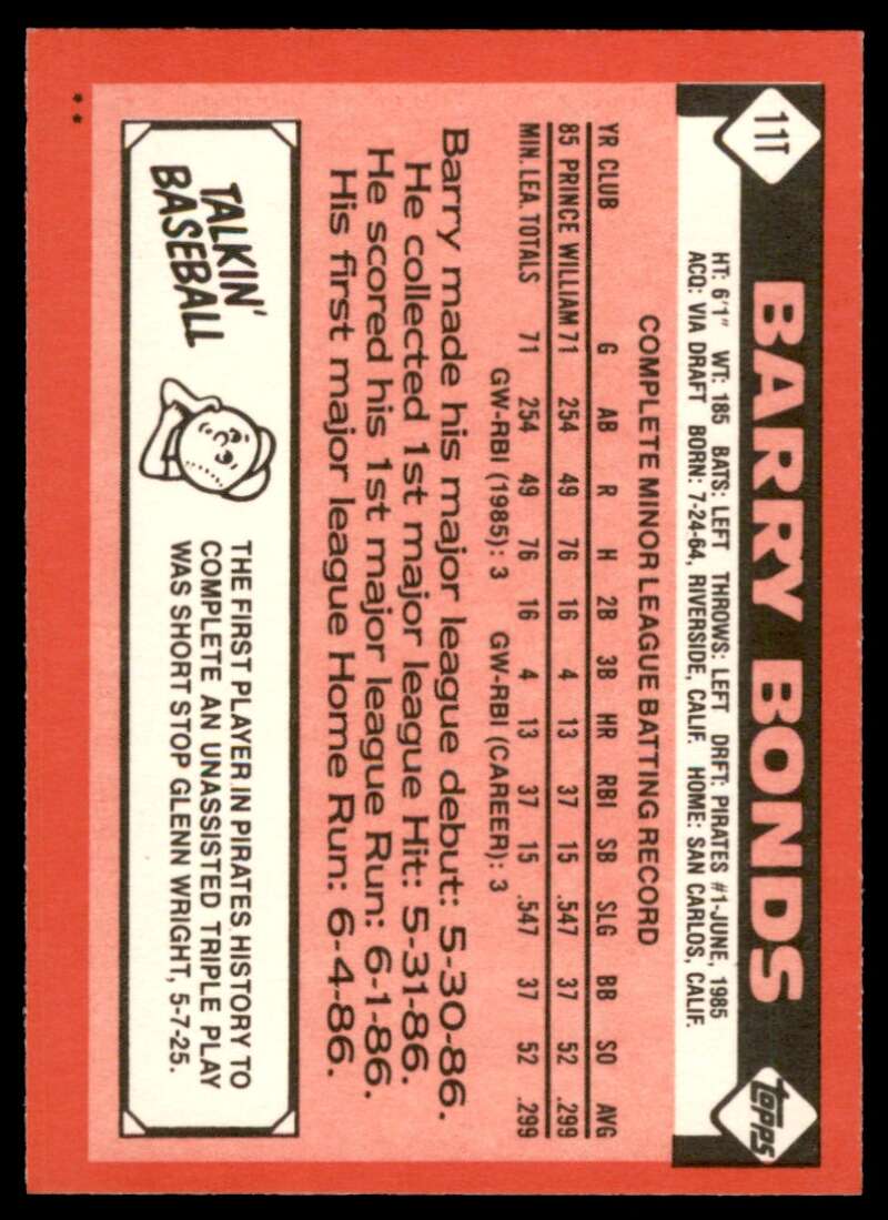 Barry Bonds Rookie Card 1986 Topps Traded #11T Image 2