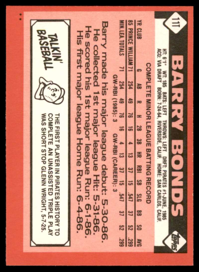 Barry Bonds Rookie Card 1986 Topps Traded #11T Image 2