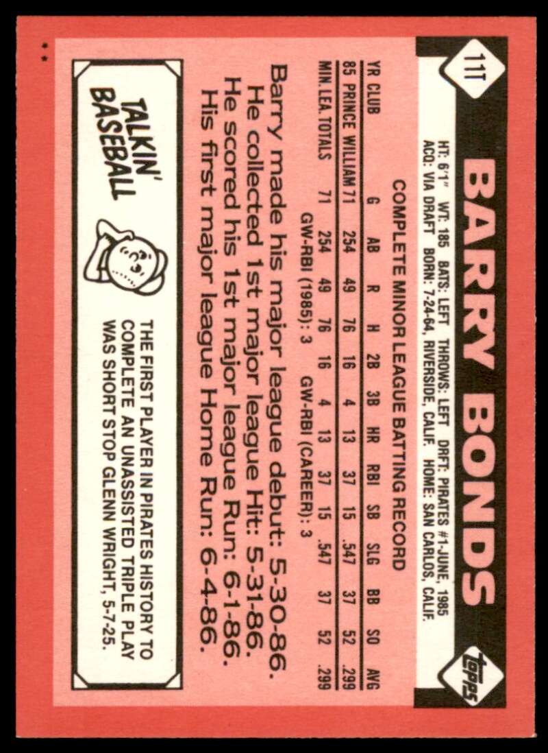 Barry Bonds Rookie Card 1986 Topps Traded #11T Image 2