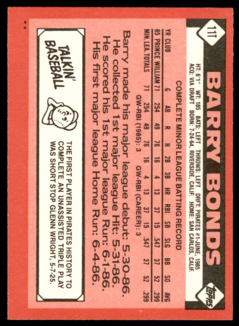 Barry Bonds Rookie Card 1986 Topps Traded #11T Image 2