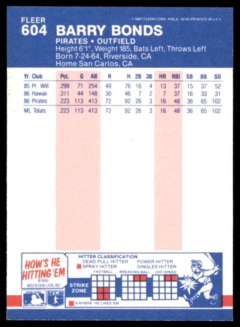Barry Bonds Rookie Card 1987 Fleer #604 Image 2