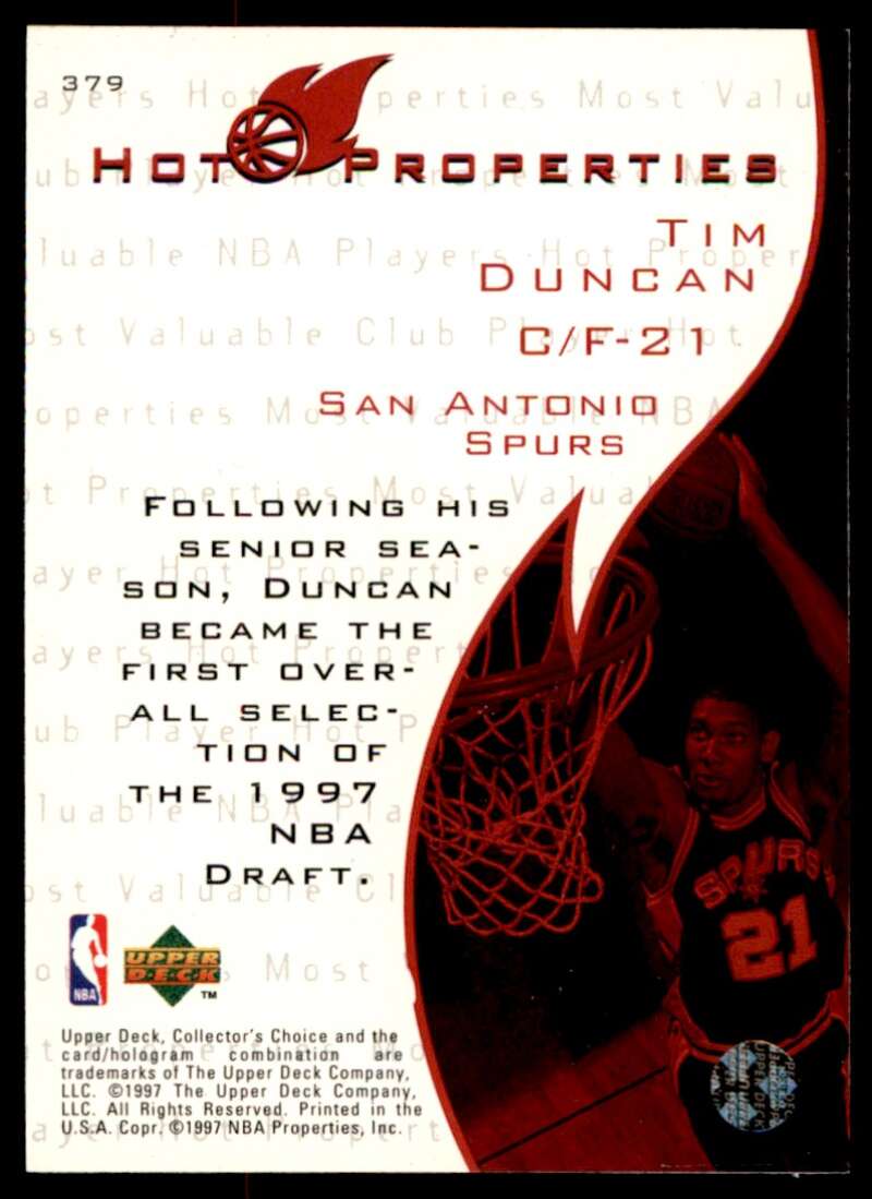 Tim Duncan Rookie Card 1997-98 Collector's Choice HP #379 Image 2
