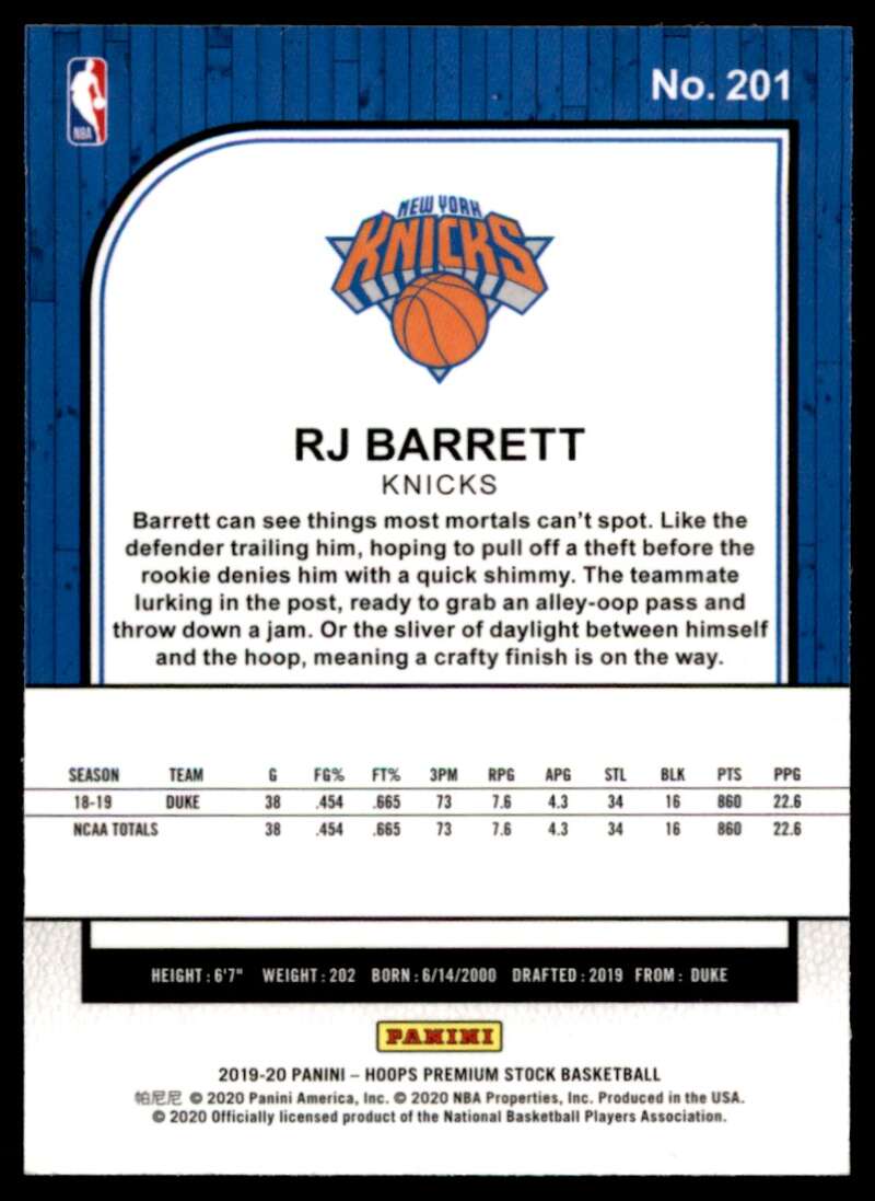 RJ Barrett Rookie Card 2019-20 Hoops Premium Stock #201 Image 2