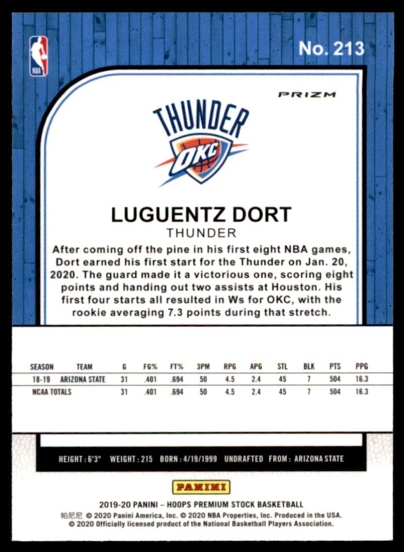 Luguentz Dort Rookie Card 2019-20 Hoops Premium Stock Prizms Blue #213 Image 2