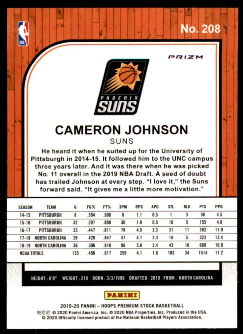 Cameron Johnson Rookie Card 2019-20 Hoops Premium Stock Prizm #208 Image 2