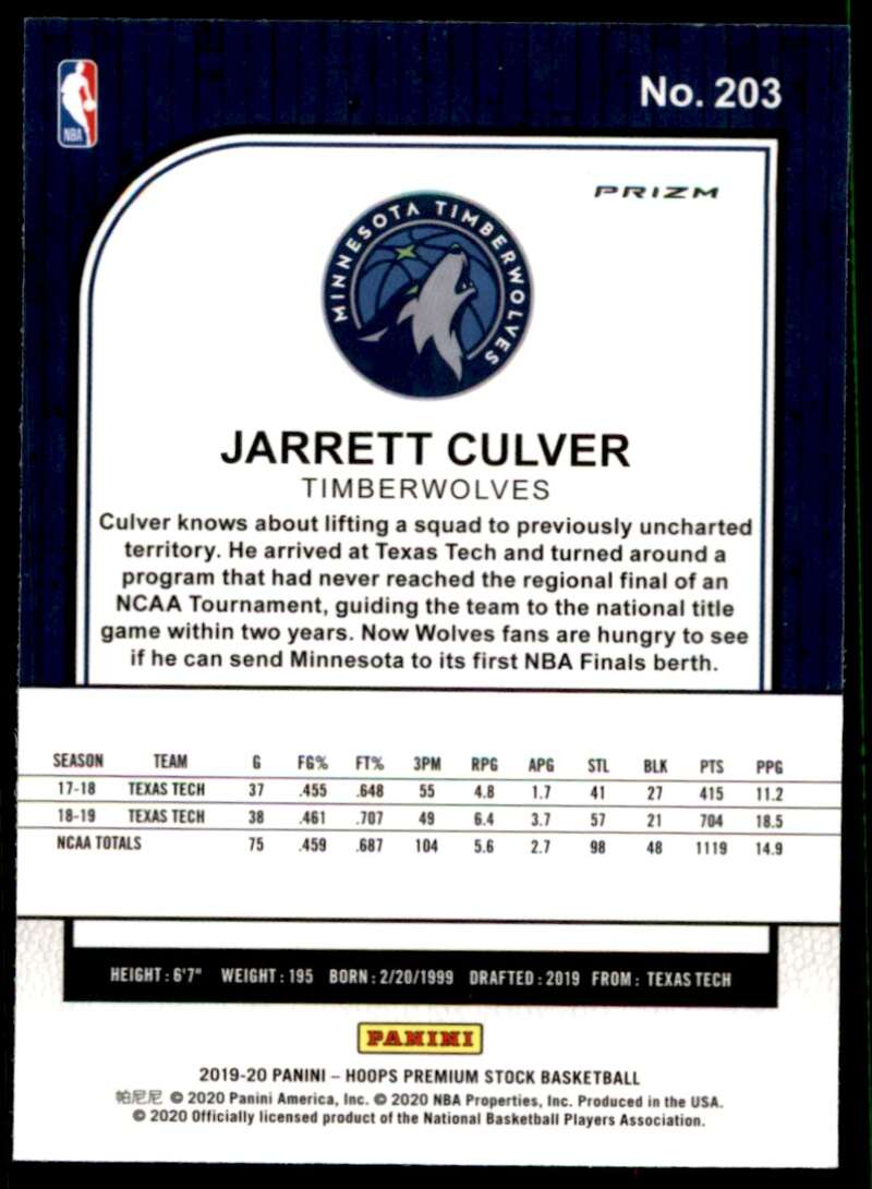 Jarrett Culver Rookie Card 2019-20 Hoops Premium Stock Prizm Blue #203 Image 2