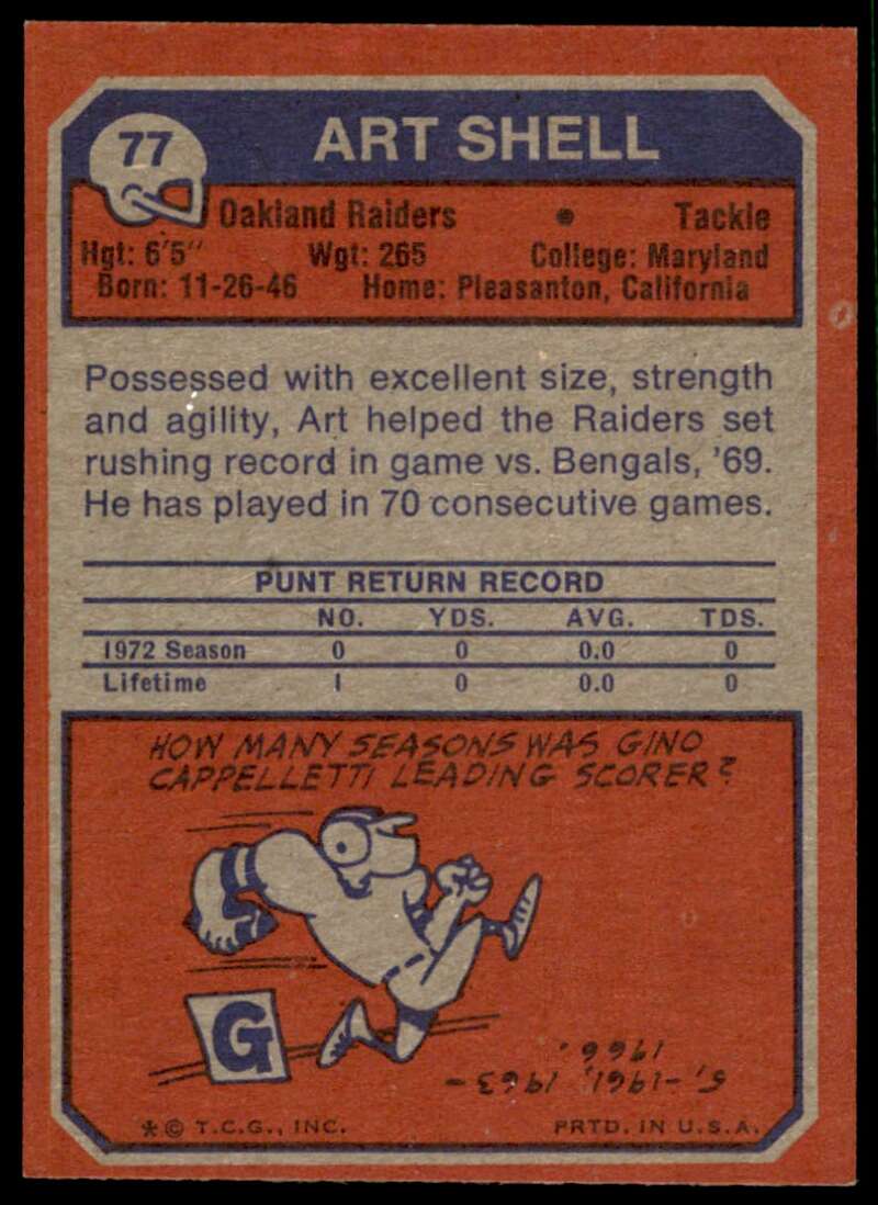 Art Shell Rookie Card 1973 Topps #77 Image 2