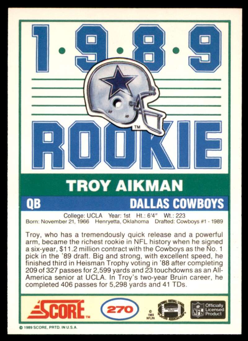 Troy Aikman Rookie Card 1989 Score #270 Image 2