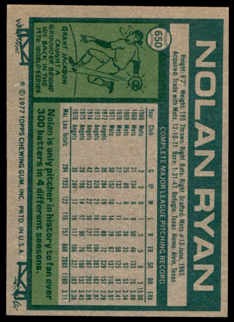 Nolan Ryan Card 1977 Topps #650 Image 2