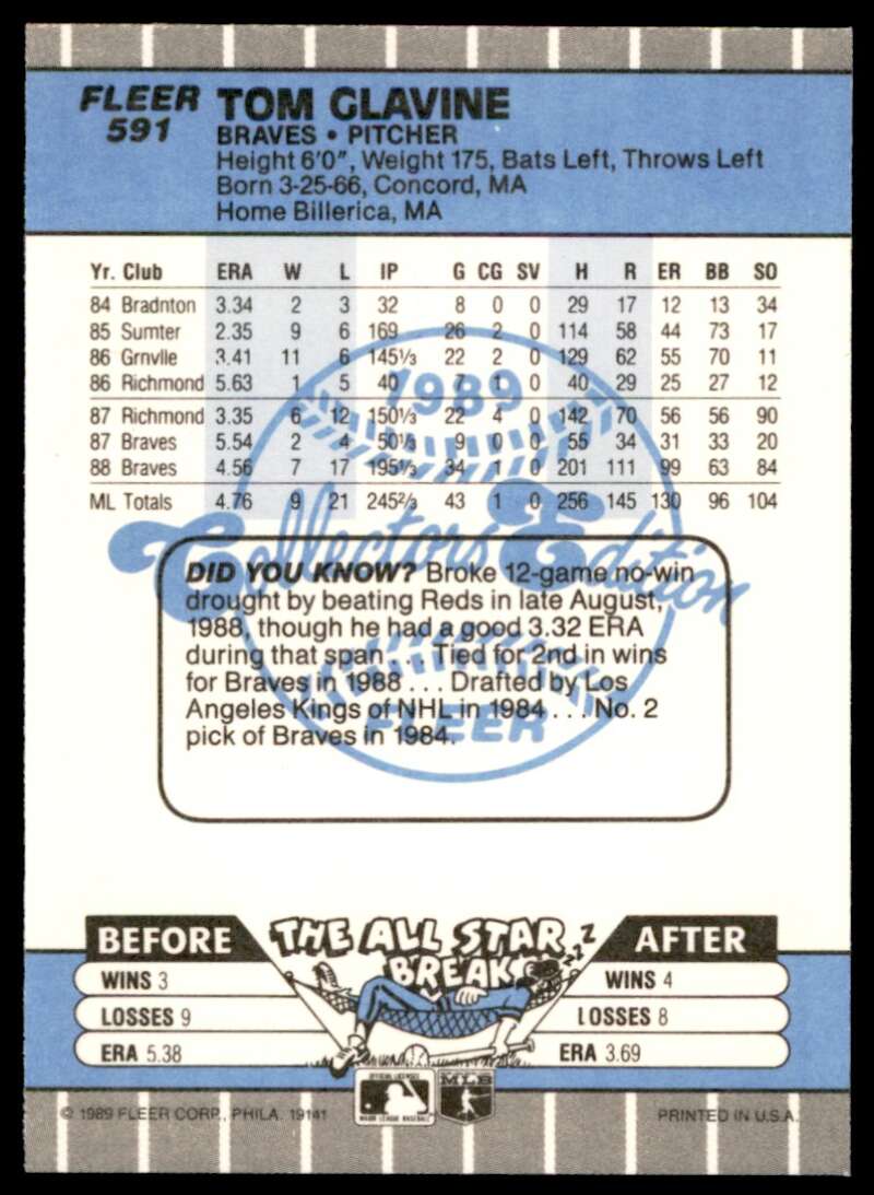 Tom Glavine Card 1989 Fleer Glossy #591 Image 2