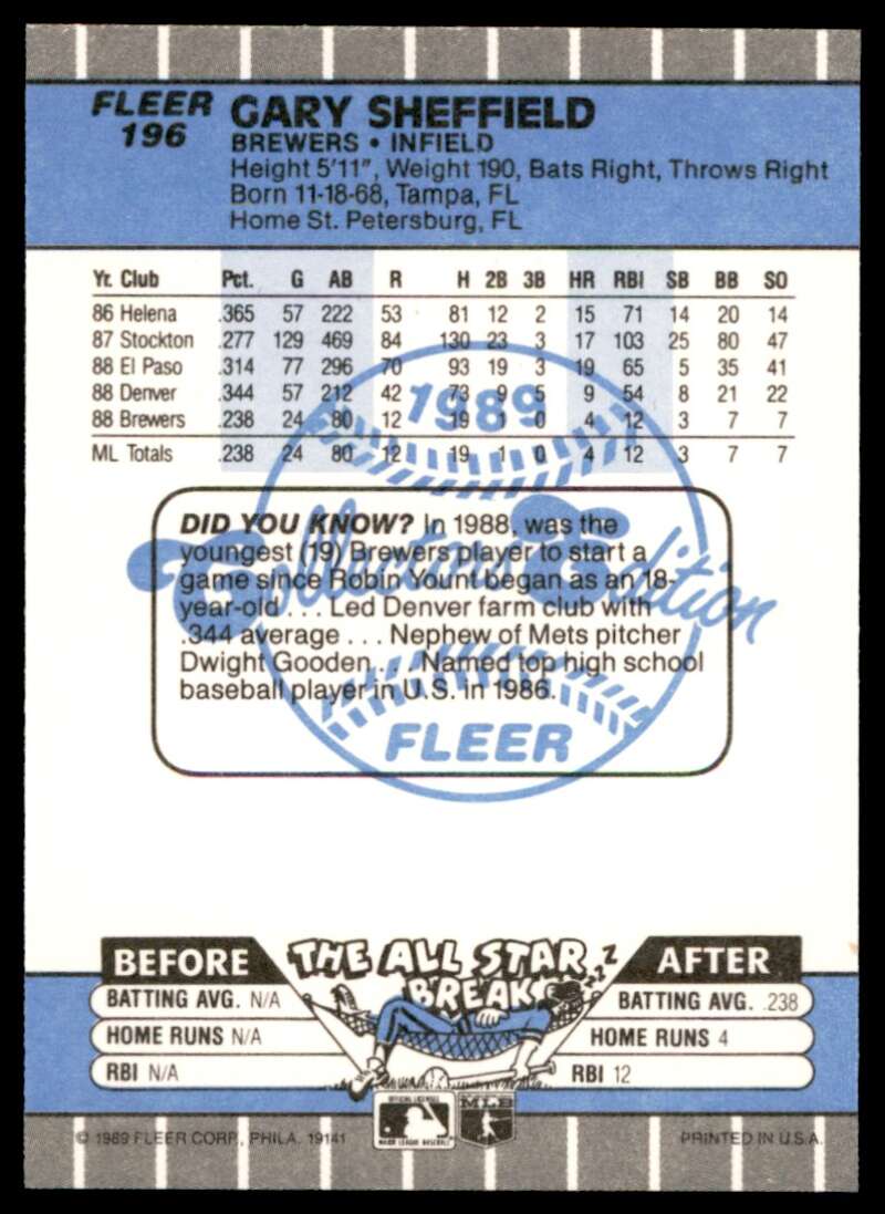 Gary Sheffield Rookie Card 1989 Fleer Glossy #196 Image 2