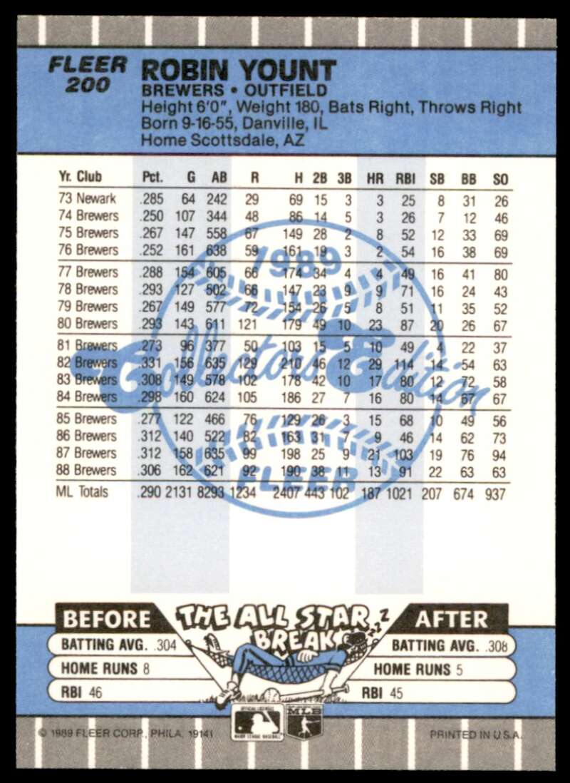 Robin Yount Card 1989 Fleer Glossy #200 Image 2