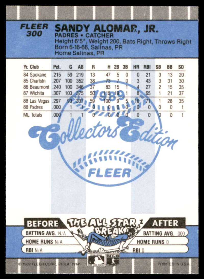 Sandy Alomar Jr. Rookie Card 1989 Fleer Glossy #300 Image 2