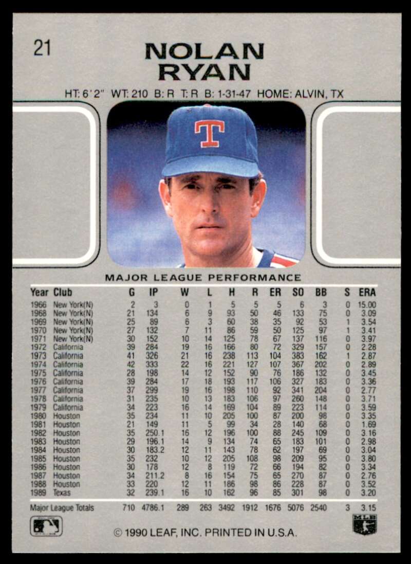 Nolan Ryan Card 1990 Leaf #21 Image 2