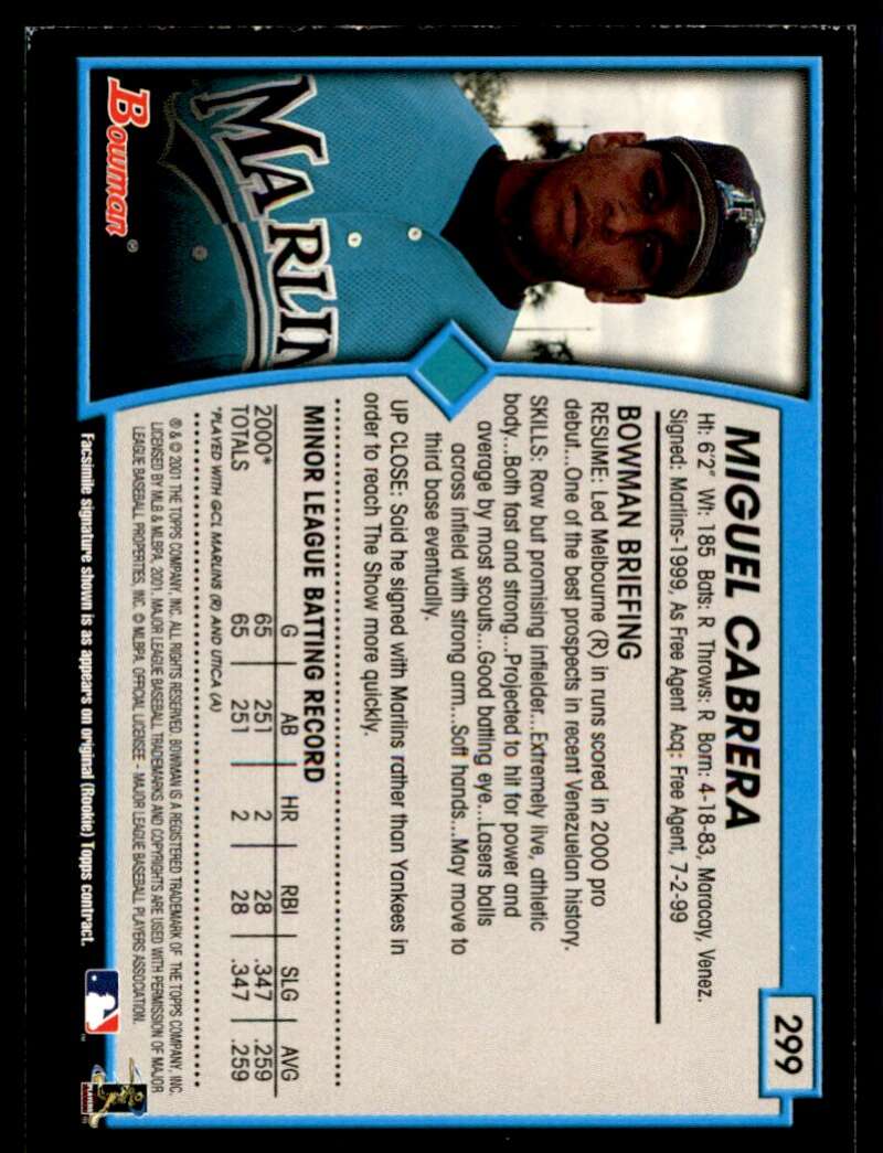 Miguel Cabrera Card 2001 Bowman #299 Image 2