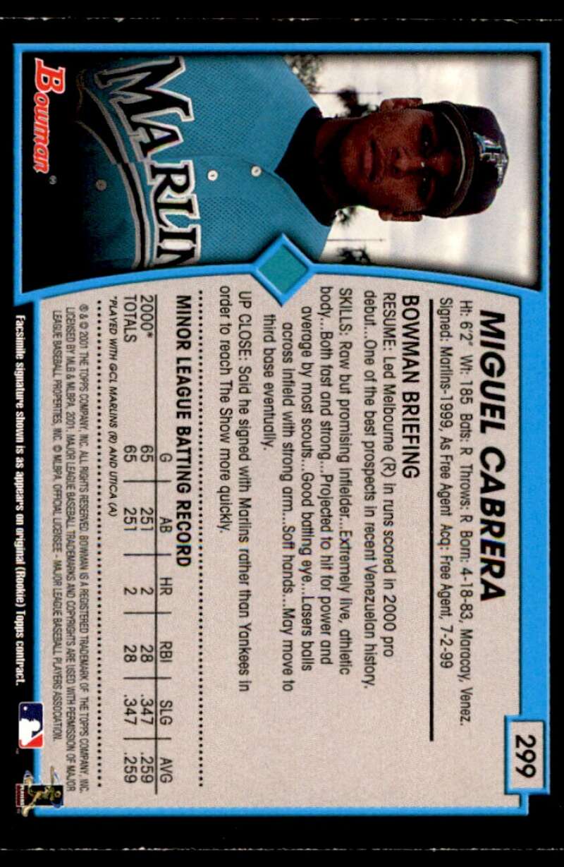 Miguel Cabrera Card 2001 Bowman #299 Image 2