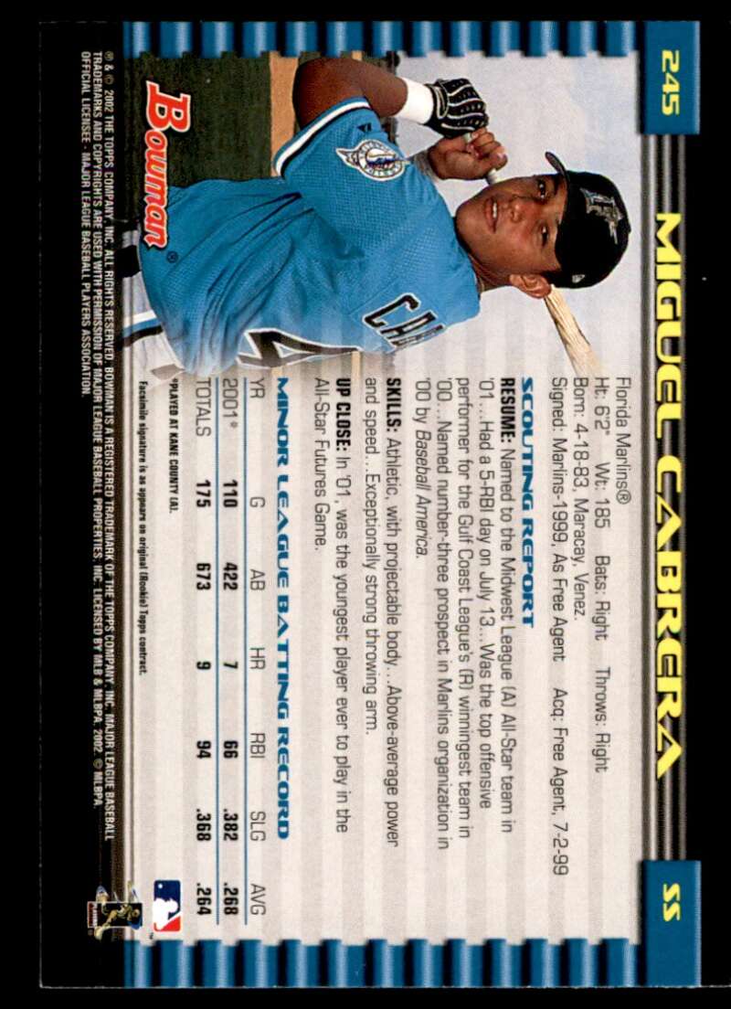 Miguel Cabrera Card 2002 Bowman #245 Image 2