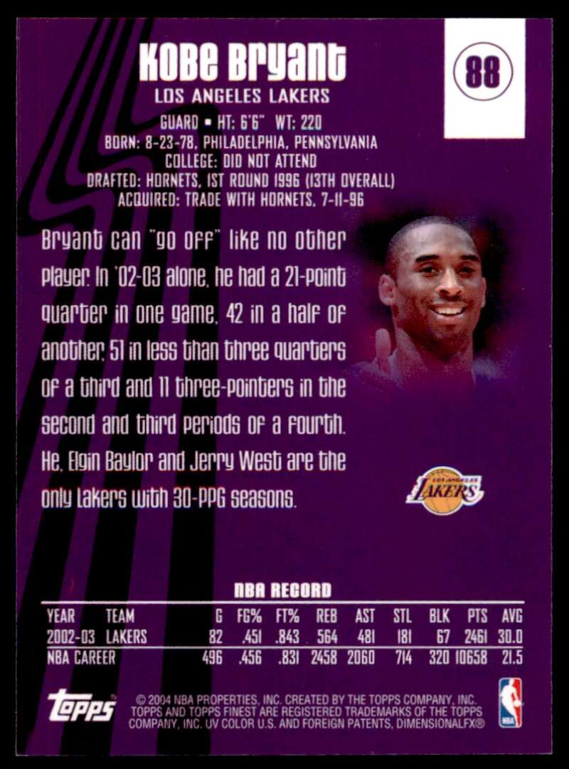 Kobe Bryant Card 2003-04 Finest #88 Image 2