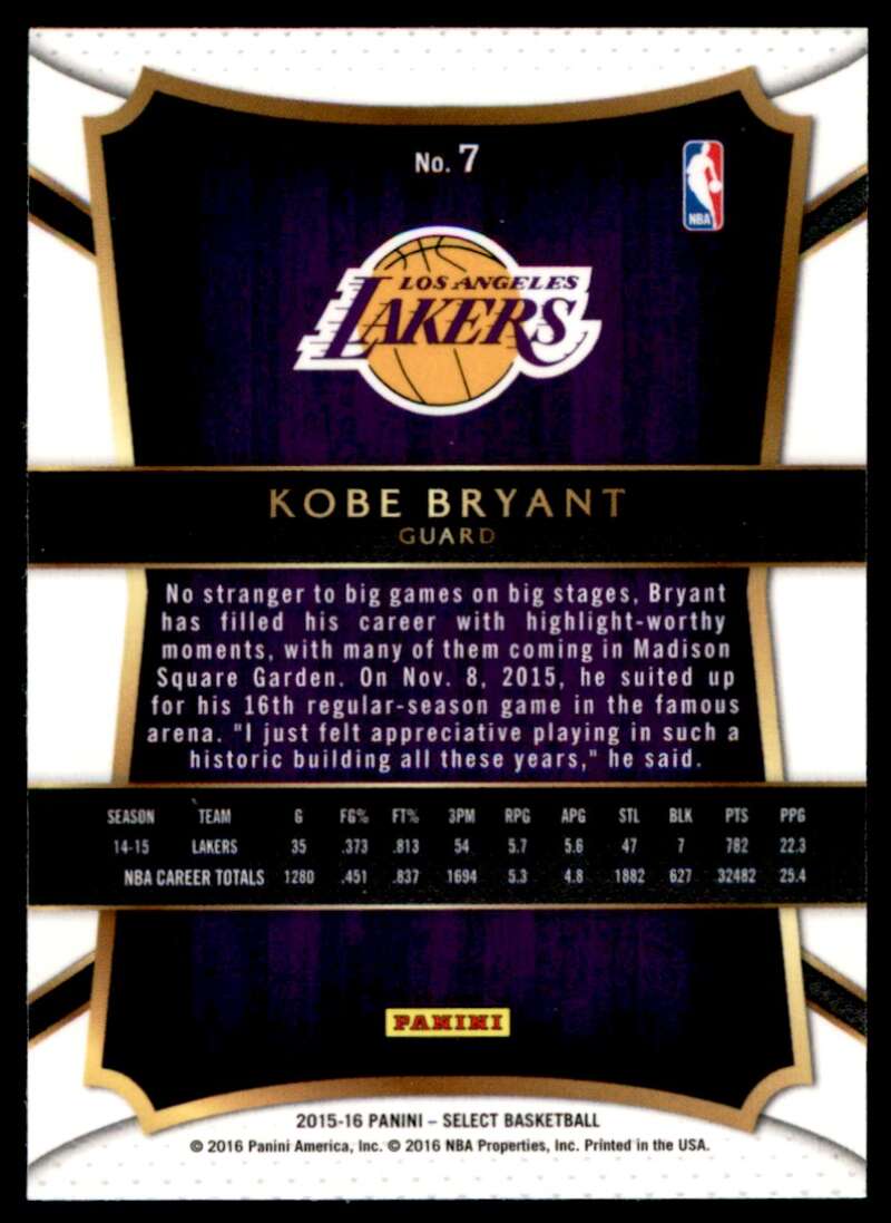 Kobe Bryant Card 2015-16 Panini Select #7 Image 2