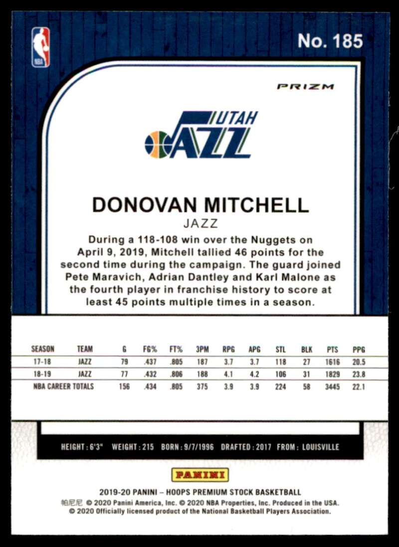 Donovan Mitchell Card 2019-20 Hoops Premium Stocks Prizms Green #185 Image 2
