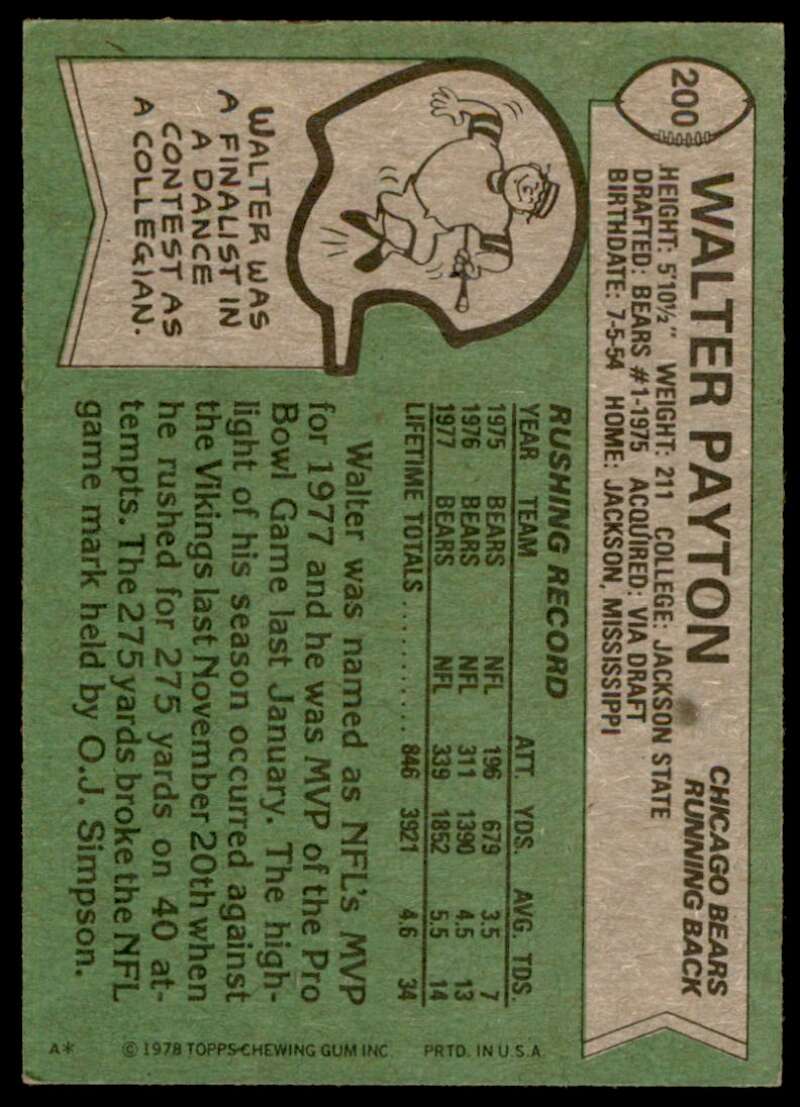Walter Payton Card 1978 Topps #200 Image 2
