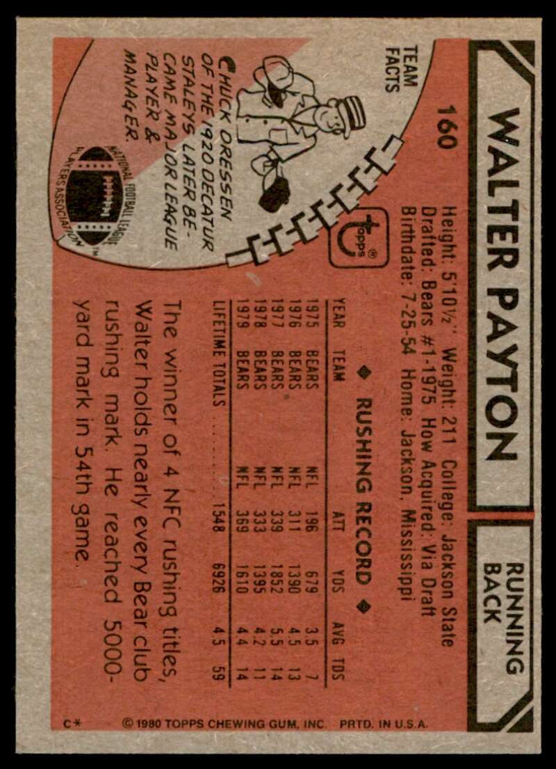 Walter Payton Card 1980 Topps #160 Image 2