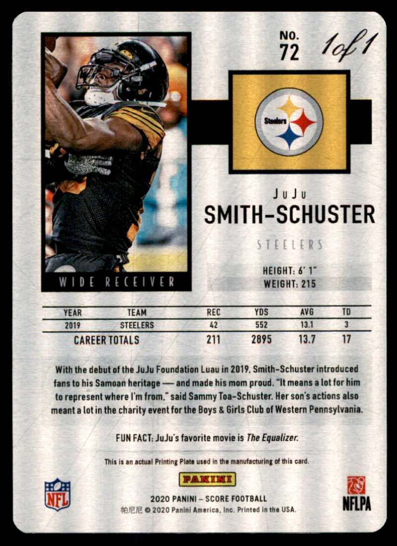 JuJu Smith-Schuster Card 2020 Score Printing Plate (1 of 1) #72 Image 2