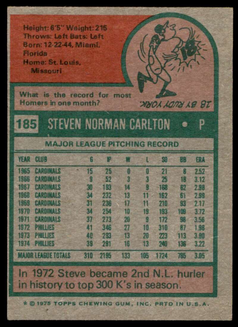 Steve Carlton Card 1975 Topps #185 Image 2
