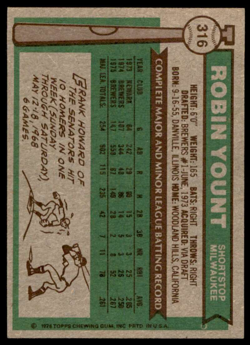 Robin Yount Card 1976 Topps #316 Image 2