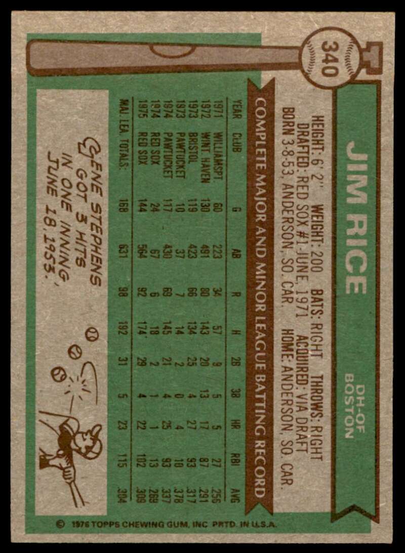 Jim Rice Card 1976 Topps #340 Image 2