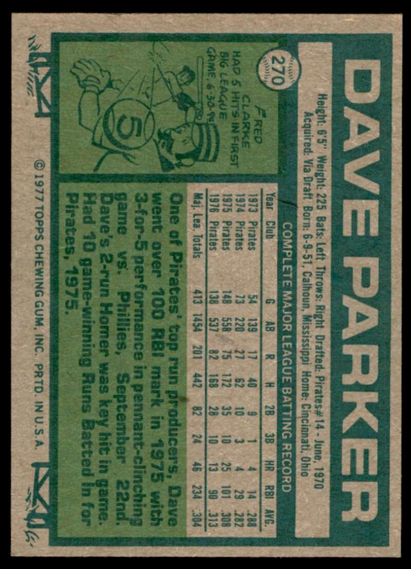 Dave Parker Card 1977 Topps #270 Image 2