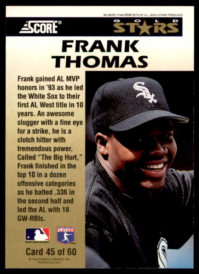 Frank THomas Card 1994 Score Gold Stars #45 Image 2