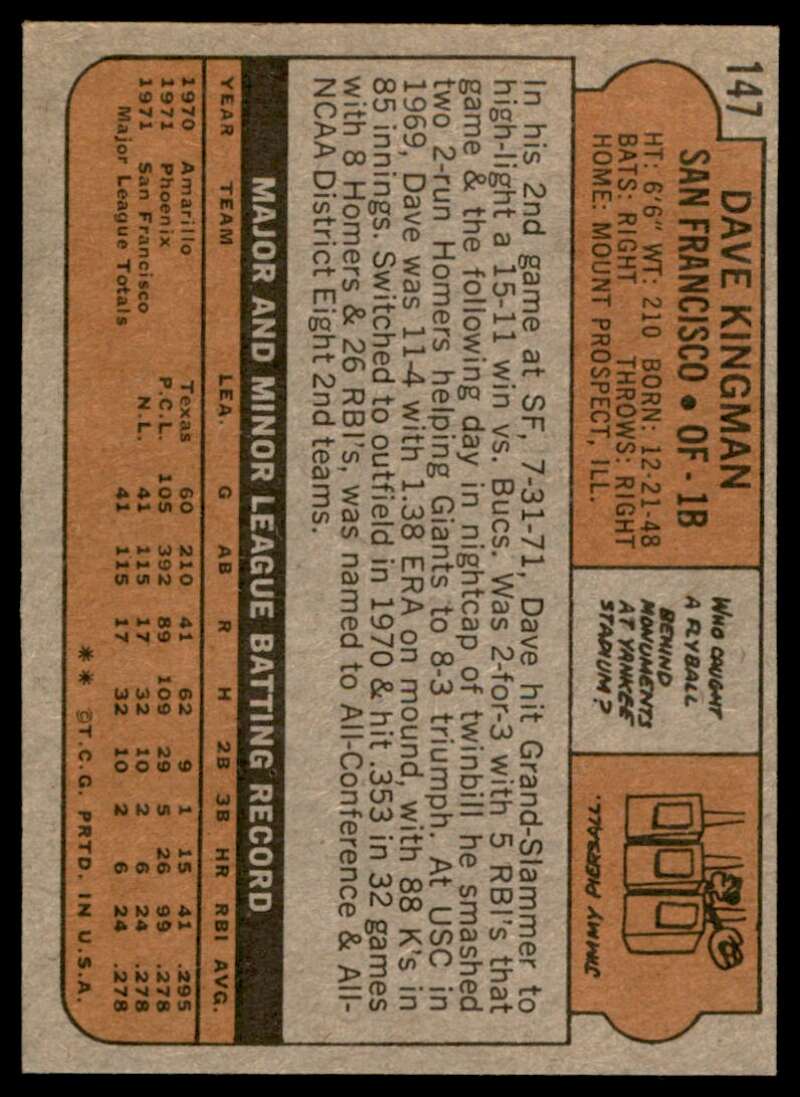 Dave Kingman Rookie Card 1972 Topps #147 Image 2