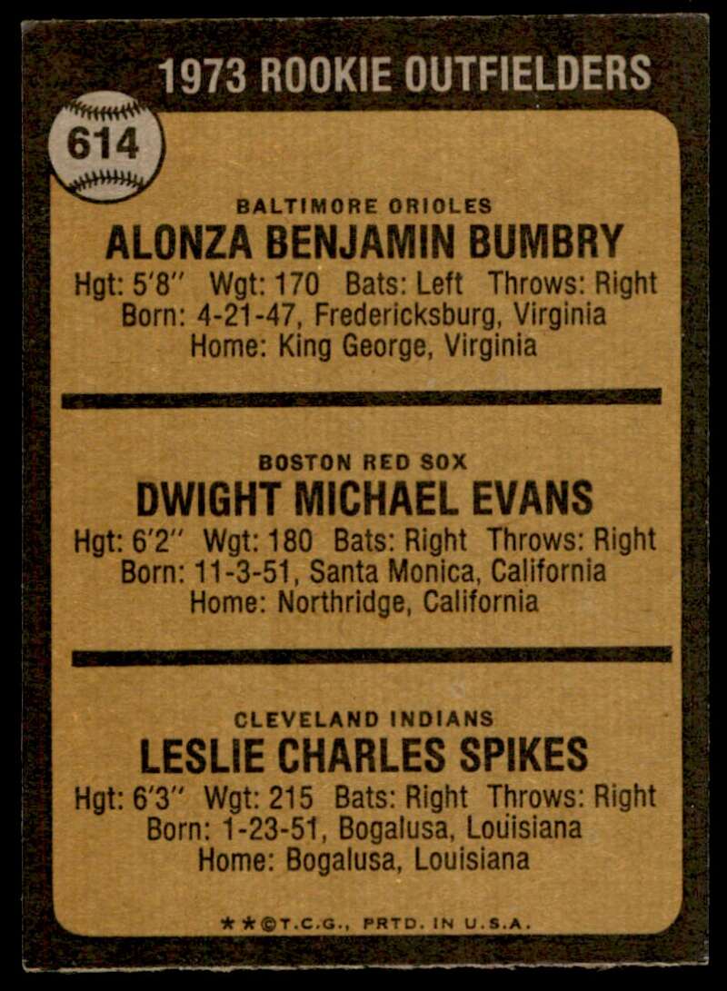 Charlie Spikes/Al Bumbry/Dwight Evans Rookie Card 1973 Topps #614 Image 2