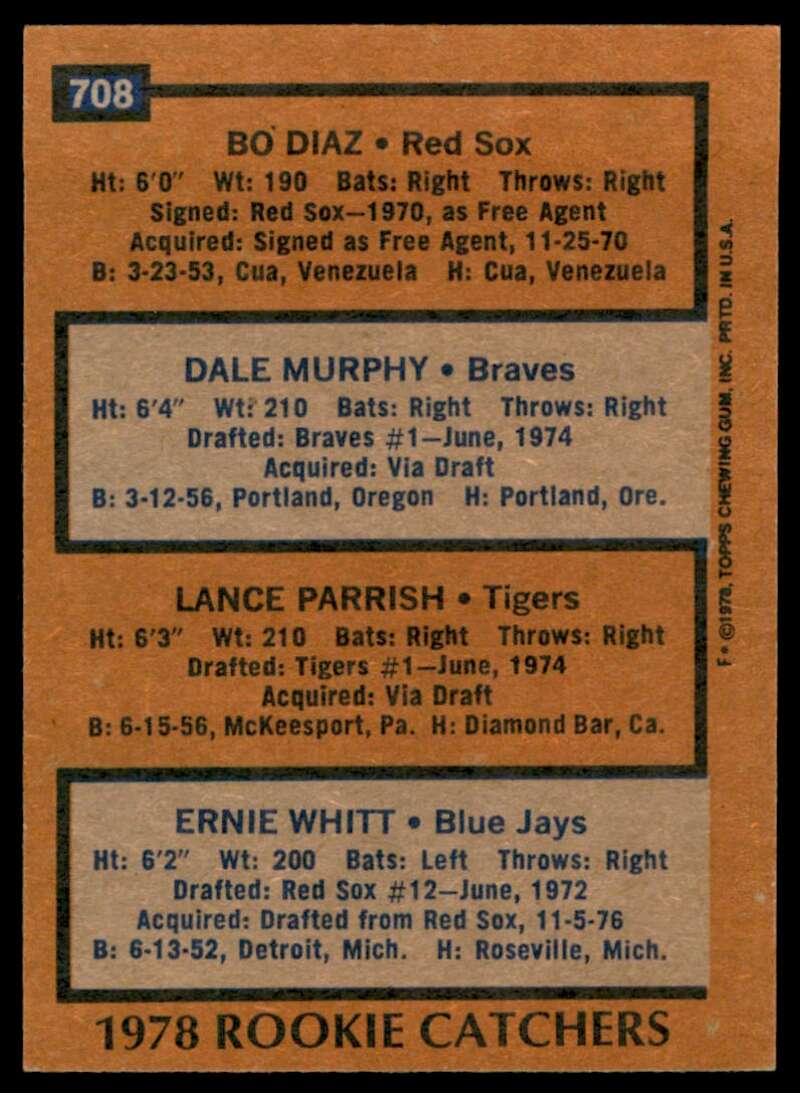 Bo Diaz/Dale Murphy/Ernie Whitt/Lance Parrish Rookie Card 1978 Topps #708 Image 2