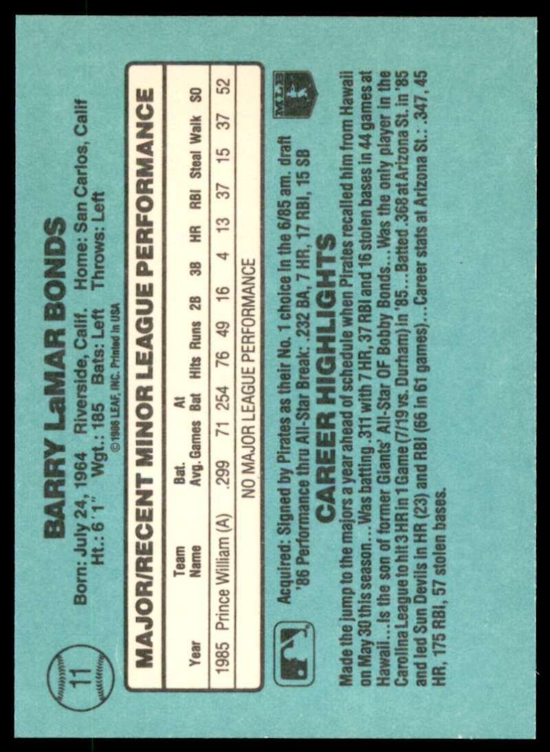 Barry Bonds Rookie Card 1986 Donruss The Rookies #11 Image 2