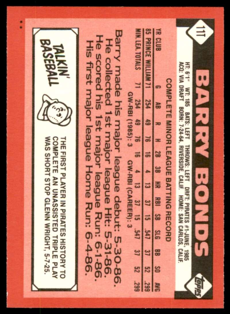 Barry Bonds Rookie Card 1986 Topps Traded #11T Image 2