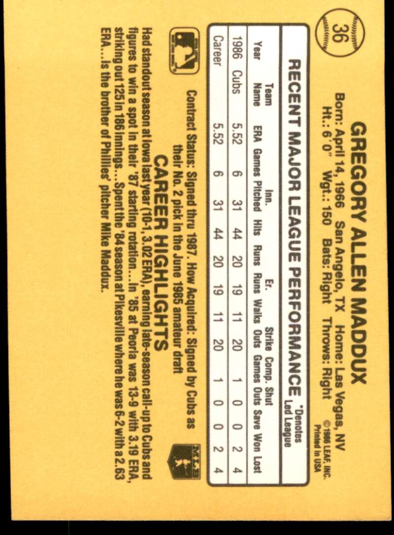 Greg Maddux Rookie Card 1987 Donruss #36 Image 2