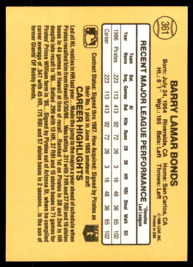 Barry Bonds Rookie Card 1987 Donruss #361 Image 2