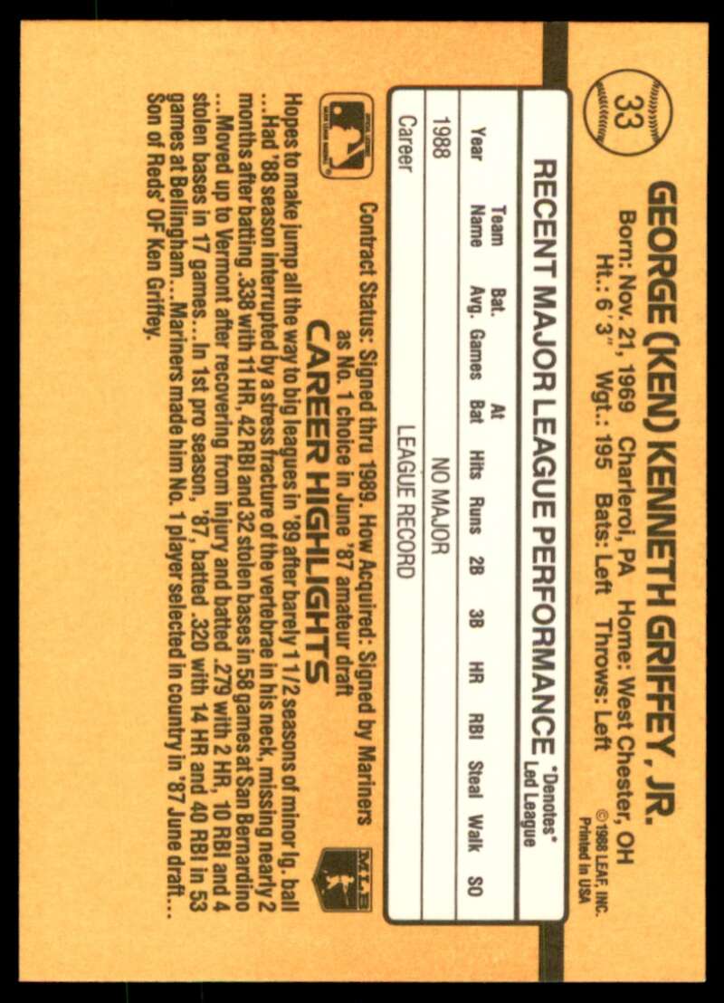 Ken Griffey Jr. Rookie Card 1989 Donruss #33 Image 2
